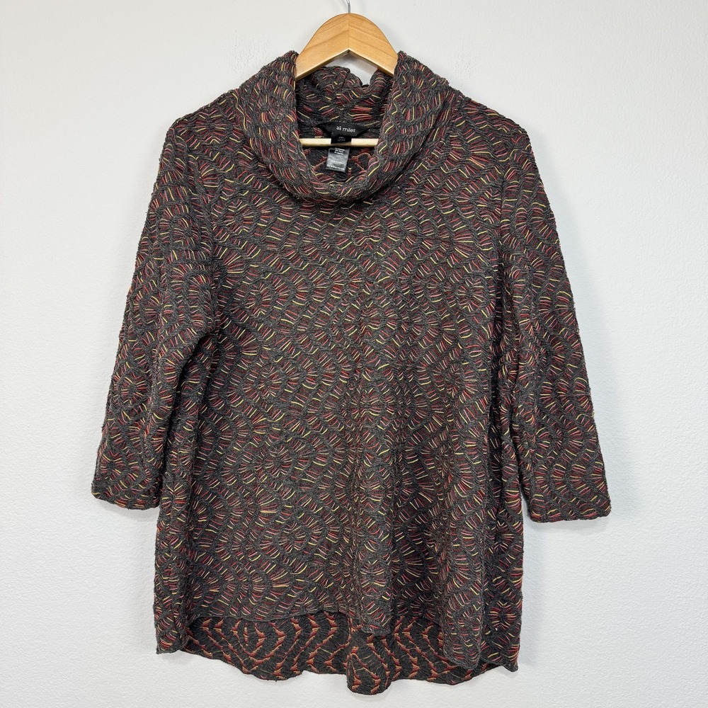 Ali Miles Tunic Top Women's PXL Gray Textured Geometric Cowl Neck Artsy Multi